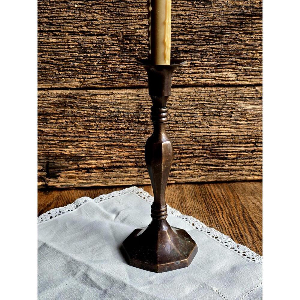 Vintage Brass Candlestick – Heavy Octagon Base – Patina Rustic Decor